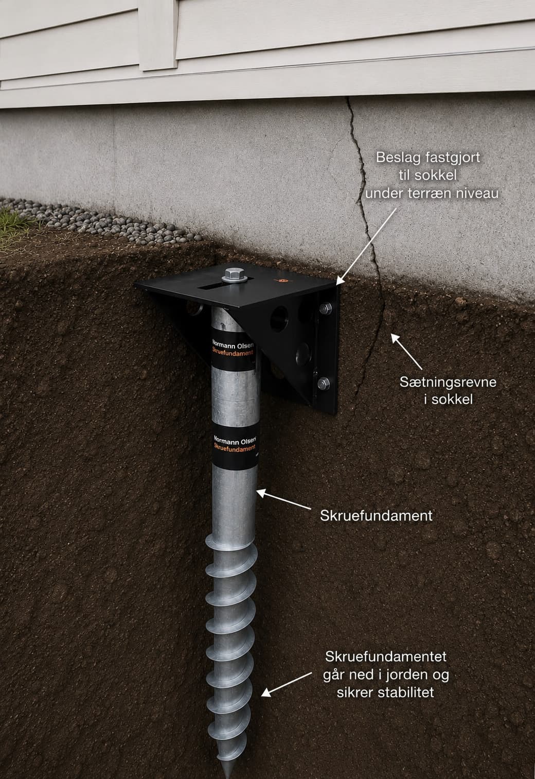 Specialudviklet sokkelbeslag monteret på betonfundament